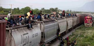 Migrants aboard the freight train nicknamed 'The Beast.'