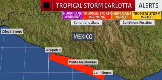 The tropical storm warning area, between Acapulco and Chacahua lagoon, Oaxaca.
