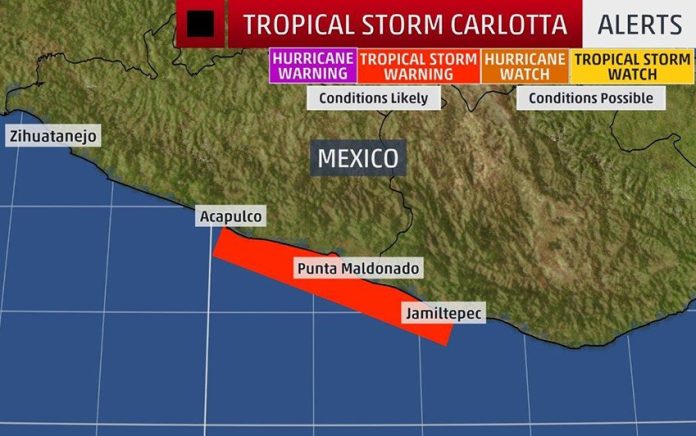 The tropical storm warning area, between Acapulco and Chacahua lagoon, Oaxaca.