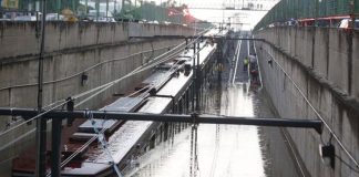 Rail cars under water yesterday in Guadalajara