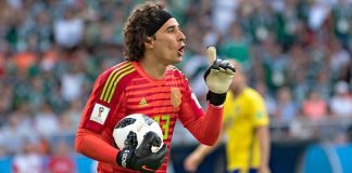 Goalkeeper Ochoa during this morning's game.