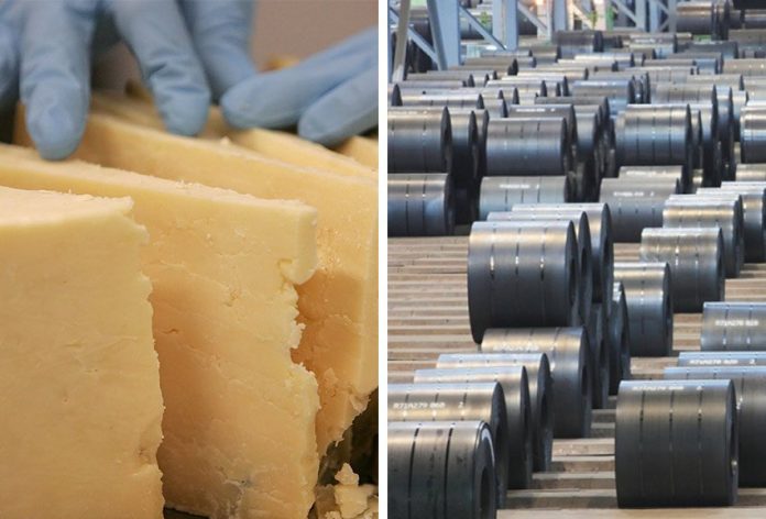 Tariffs on cheese (and other products) coming in and on metals going out.