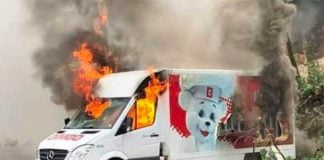 A Bimbo delivery truck burns in Acapulco.