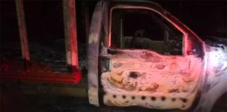 Remains of a truck that was set on fire during yesterday's attack in Oaxaca.