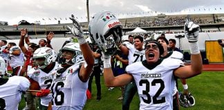 Mexico celebrates its football win yesterday over the US.