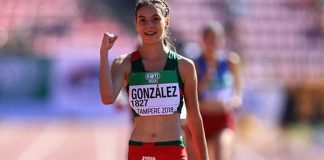 González at the finish line today in the 10,000-meter race walk.