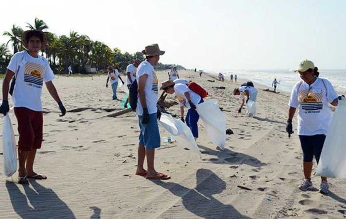 Volunteers clean up litter from a beach in Manzanillo, Colima.