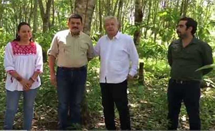 López Obrador, in white shirt, talks about his reforestation plans during a visit to the Lacandon jungle.