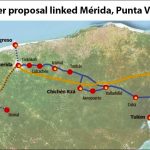 Solid blue indicates the route of an earlier train proposal