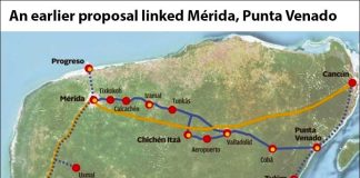 Solid blue indicates the route of an earlier train proposal