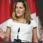 Canadian Foreign Minister Freeland at a press conference in Washington.