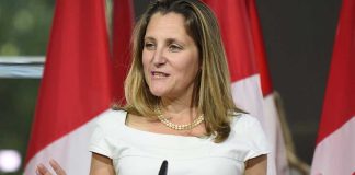 Canadian Foreign Minister Freeland at a press conference in Washington.
