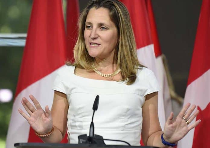 Canadian Foreign Minister Freeland at a press conference in Washington.