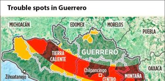 In red, areas in which drugs are produced and transported. In orange, locations where armed groups operate.