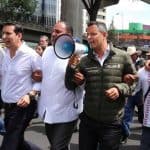 Governor Murat speaks during a march by mezcal makers in Mexico City yesterday.