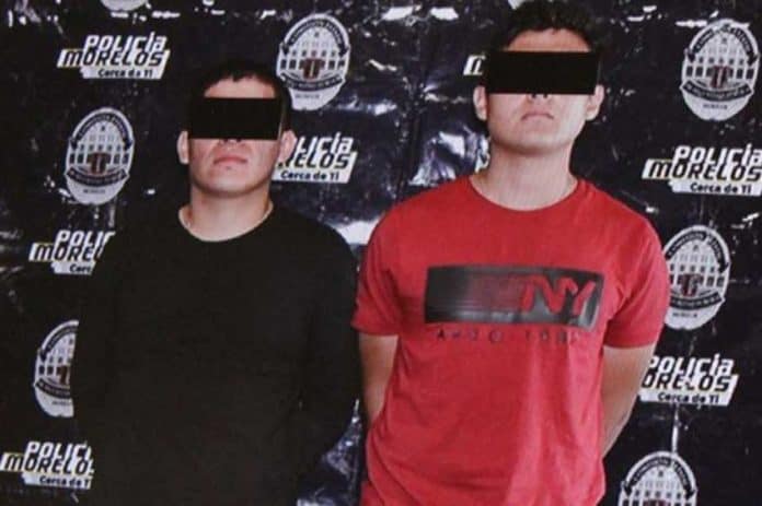 Drug lord's son, right, and an accomplice after their arrest in Morelos.