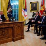 Trump with Mexican negotiating team members Luis Videgaray, Ildefonso Guajardo and Jesús Seade yesterday in the White House.