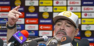 Soccer legend Diego Maradona speaks at a press conference in Culiacán.