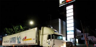 Morgue on the move: one of two trailers used to store bodies in Jalisco.