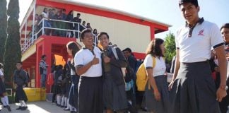 Male students in skirts yesterday at Oaxaca school.