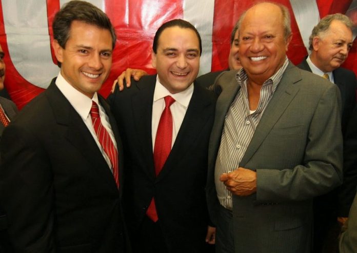 Partners in corruption? A file photo of President Peña Nieto, ex-Quintana Roo governor Roberto Borge and union boss Romero.