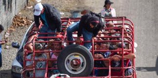 Migrants squeeze into the back of a truck in Chiapas.