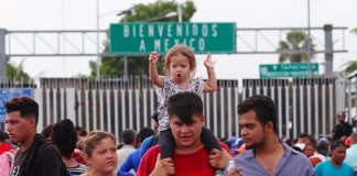 Migrants at the Guatemala border this morning.