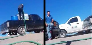 A Pemex truck drives past a pipeline theft in progress in a video shot earlier this year.