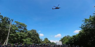 Police form a barricade today in Chiapas, hoping to stop the migrant caravan.