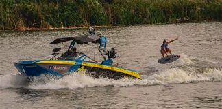 Wakesurfing at a tournament last month in Texas.