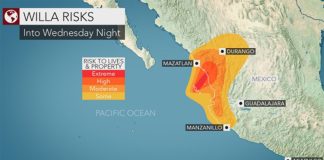 Areas of risk due to Hurricane Willa
