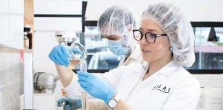 Cosmetics maker Iliana Loza in the lab.