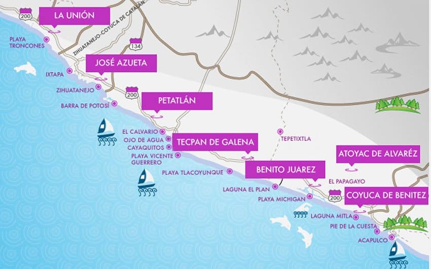 The Costa Grande region extends from Acapulco to the Michoacán border.