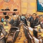 The New York trial of former drug lord 'El Chapo' Guzmán, seated just to the left of the map on the wall.