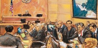 The New York trial of former drug lord 'El Chapo' Guzmán, seated just to the left of the map on the wall.