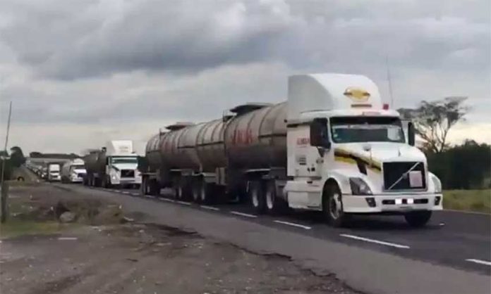 A caravan of tanker trucks