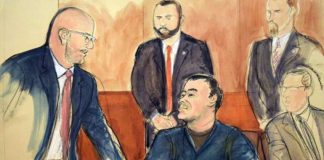 An artist’s sketch of Joaquin Guzmán at a 2018 pretrial hearing in New York.