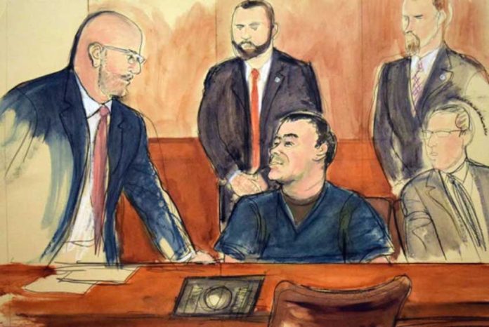 An artist’s sketch of Joaquin Guzmán at a 2018 pretrial hearing in New York.