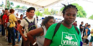 Migrants line up at an immigration facility in Chiapas.