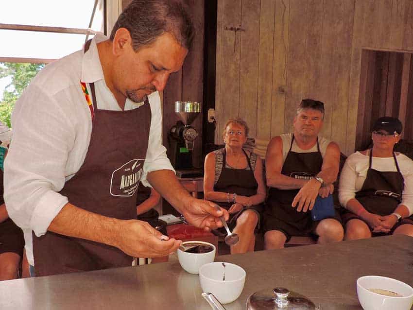 Cole Ramírez prepares coffee at Finca Margaritas.