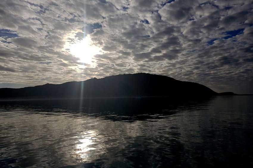 Silvery sheen in sea and sky near San Evaristo. 