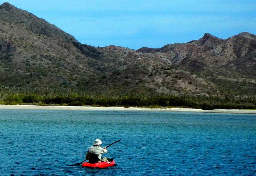 Heading for shore in a kayak to explore the beach.