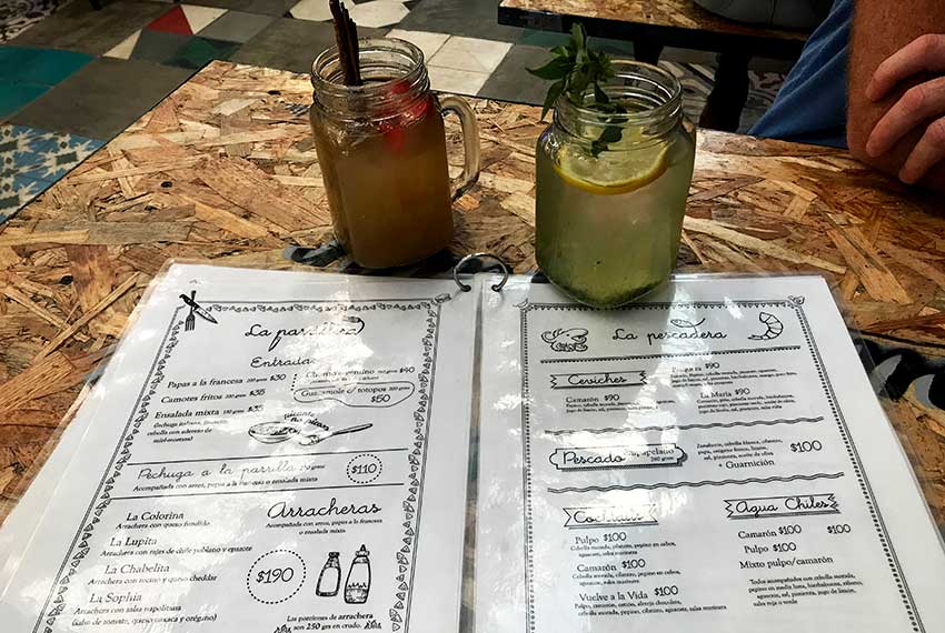 Aguas frescas and the restaurant's menu.