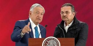 The president, left, and Pemex boss Romero speaking at this morning's press conference.