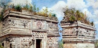 Adela Breton's watercolor of the east façade of the 'Nunnery' at Chichén Itzá.