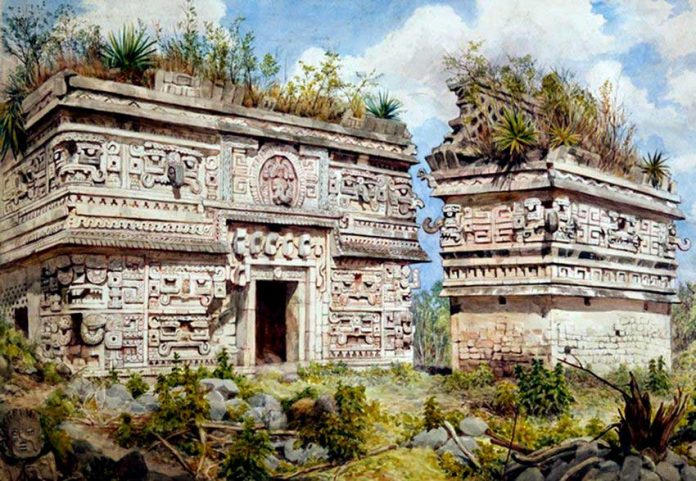 Adela Breton's watercolor of the east façade of the 'Nunnery' at Chichén Itzá.