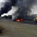 Trucks burn on a Veracruz highway.