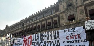 Teachers during a protest last month at the National Palace in Mexico City.