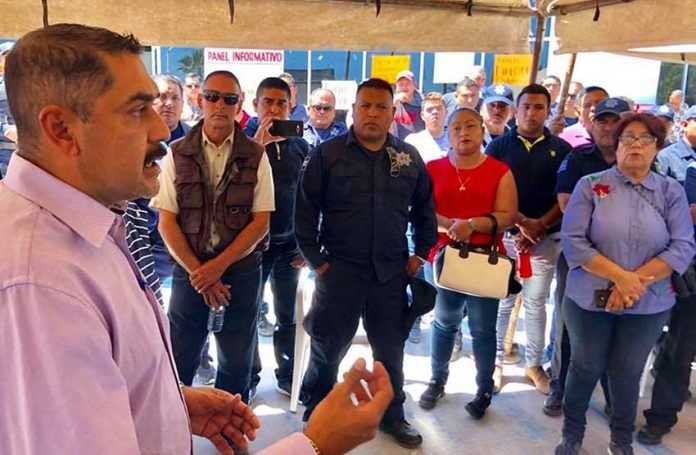Mayor Valenzuela addresses members of the police department on Sunday.