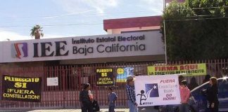 Brewery opponents outside the electoral institute's office.